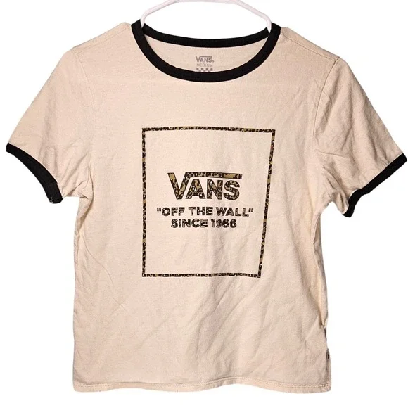 Vans Off The Wall Womens Ringer T-Shirt Cream Leopard Print Graphic Logo Medium - Picture 1 of 9